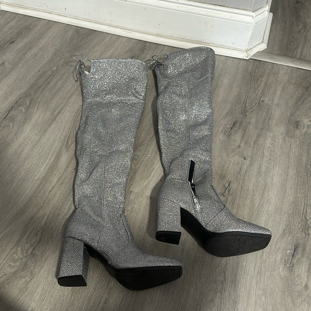 Knee high sparkly silver boots